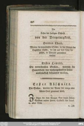 Die Lehre der heiligen Schrift von der Dreyeinigkeit. Dritter Theil. Worinn die vornehmsten Stellen, in der Liturgie der Englischen Kirche, die sich auf diese Lehre beziehen, in Betracht genommen werden.