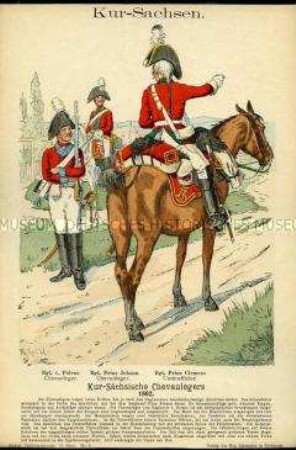 Uniformdarstellung, Gemeine und Unteroffizier verschiedener Chevauleger-Regimenter, Kurfürstentum Sachsen, 1802.