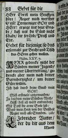 III. Gebet für diejenige, so das erstemahl zur Beicht und Tisch des Herrn gehen wollen