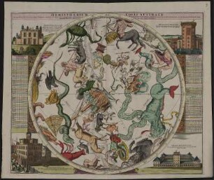 Karte des südlichen Sternenhimmels mit Tierkreiszeichen und Sternwarten , Kupferstich, 1742 : Hemisphaerium Coeli Australe : in quo Fixarum loca secundum Eclipticae ductum ad annum 1730 completum exhibentur / à Ioh. Gabriele Doppelmaiero. Operâ Ioh. Baptistae Homanni. - Norimbergae , [1742]. - 1 Kt. : color. Kupferst. ; Bildgr. 59 x 49 cm