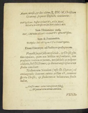 Annus, mensis, et dies obitus, R. Dn: M. Christiani Granovii, sequenti Disticho continentur.