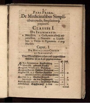 Pars Prima. De Medicinalibus Simplicibus crudis, simpliciterq[ue] praeparatis