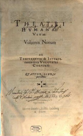 Theatrvm Hvmanæ Vitæ Theodori Zuingeri Bas. Tertiatione : Nouem Volvminibvs locupletatum, interpolatum, renouatum. Cum tergemino Elencho, Methodi scilicet, Titulorum & Exemplorum. 9, Theatri Hvmanae Vitae Volumen Nonum De Temperantia & Intemperantia circa Volvptates Corporis : Qvatvor Libris pertractans