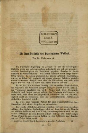 Die Irren-Statistik des Fürstenthums Waldeck : (Aus dem Archiv d. deutsch. Ges. f. Psychiatrie u. gerichtl. Psychologie, Bd. V. p.177 - 288.)