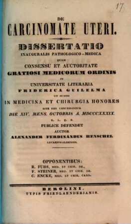 De Carcinomate Uteri : Dissertatio Inauguralis Pathologico-Medica