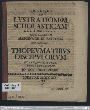 Ad Lustrationem Scholasticam a. d. 3. id. Mart. MDCCXIX. Instituendam Maecenates Et Fautores ... De Thopeumatibus Discipulorum Ex Antiqua Historia