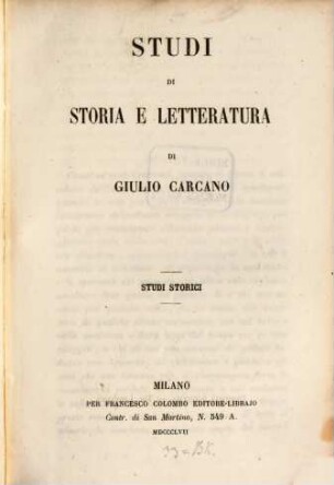 Studi di storia e letteratura Studi storici