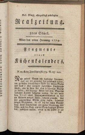 8tes Stück. Wien den 26ten Hornung 1774.