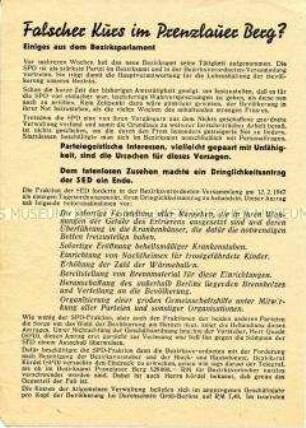 Propagandablatt der SED Berlin-Prenzlauer Berg mit scharfer Polemik gegen die SPD
