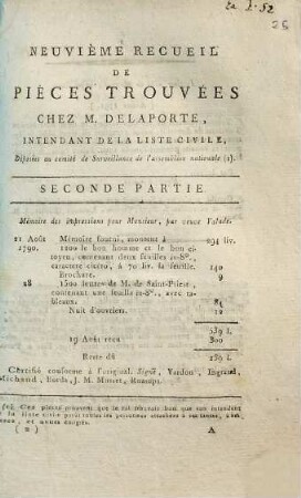 Neuvième Recueil De Pièces Trouvées Chez M. Delaporte, Intendant De La Liste Civile, Dont les originaux sont déposés au comité de Surveillance, 2