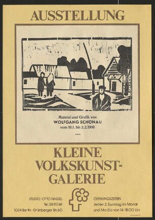 Ausstellungswerbung: "Malerei und Grafik von Wolfgang Schönau" von 10.01. bis 03.02.1989