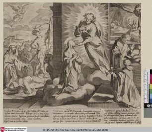[Szenen aus dem Leben der heiligen Katharina von Siena. Im Zentrum des Blattes empfängt Katharina die Kommunion von Christus selbst. Am linken Bildrand leistet Katharina indessen Beistand für einen Enthaupteten. Der rechte Bildhintergrund thematisiert die helle Erscheinung Christus am Bett der heiligen Katharina.]