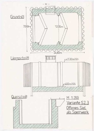Deichsiel Emden-Petkum Schinkelwettbewerb 1986: Variante 2.3: Grundriss, Schnitte 1:200
