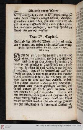 Das IV. Capitel. Zustand der Stadt Wien mehrmal unter den Hunnen, und ersten Oesterreichischen Marggrafen