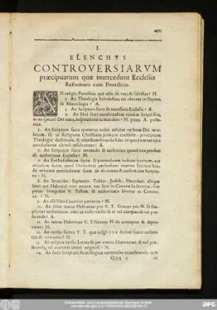 I. Elenchus Controversiarum praecipuarum quae intercedunt Ecclesiis Reformatis cum Pontificiis.