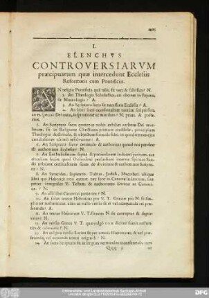 I. Elenchus Controversiarum praecipuarum quae intercedunt Ecclesiis Reformatis cum Pontificiis.