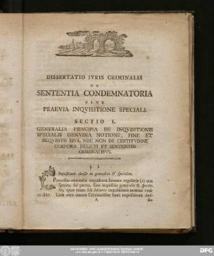 Dissertatio Iuris Criminalis De Sententia Condemnatoria Sine Praevia Inquisitione Speciali.