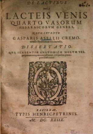 De Lactibus Sive Lacteis Venis Quarto Vasorum Mesaraicorvm Genere : Dissertatio, Qva Sententiae Anatomicae Multae Vel perperam receptae convelluntur, vel parùm perceptae illustrantur