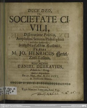 De Societate Civili, Dissertatione Politica