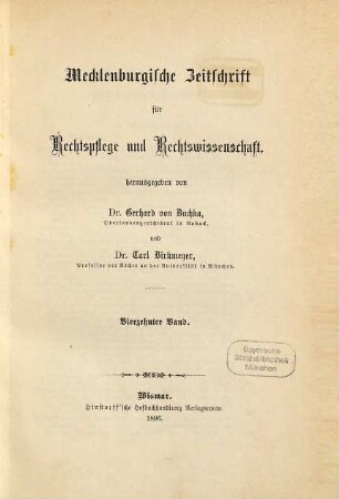 Mecklenburgische Zeitschrift für Rechtspflege, Rechtswissenschaft, Verwaltung. 14. 1896