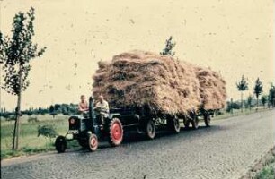 Fotografie: Getreideernte, Standardtraktor, Zweiachsanhänger