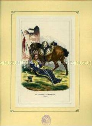Uniformdarstellung, Polnischer Ulan mit Lanzenflagge, Frankreich, 1812. Tafel 37 aus: Bellangé: Die Soldaten der französischen Republik und des Kaiserreichs.
