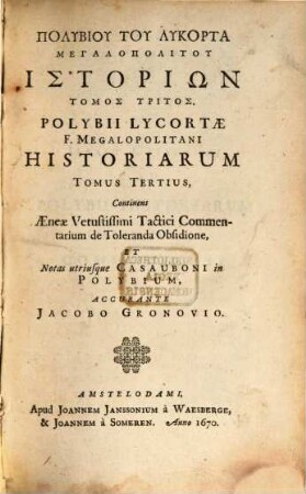 Polybiu Tu Lykorta Megalopolitu Historiōn Ta Sōzomena, 3