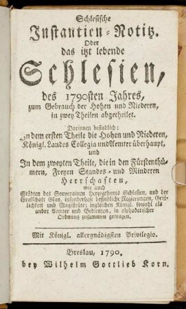 1790: Schlesische Instantien-Notitz oder das itzt lebende Schlesien