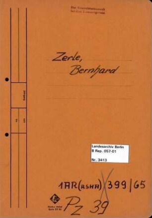 Personenheft Bernhard Zerle (*19.12.1907), Kriminalkommissar