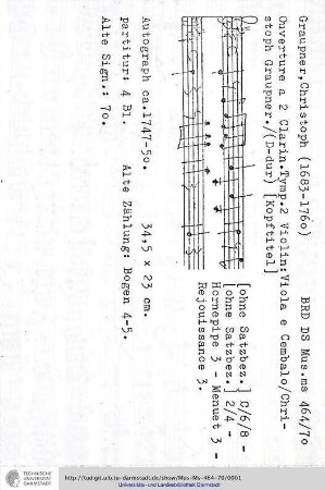 Ouverture a 2 Clarin. Tymp. 2 Violin: Viola e Cembalo / Christoph Graupner.