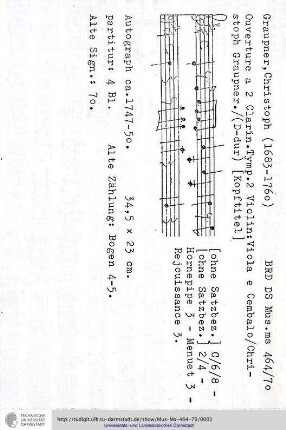 Ouverture a 2 Clarin. Tymp. 2 Violin: Viola e Cembalo / Christoph Graupner.