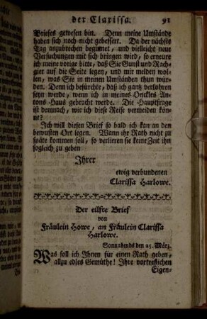 Der eilfte Brief von Fräulein Howe, an Fräulein Clarissa Harlowe. - Der funfzehnte Brief von Fräulein Clarissa Harlowe an Fräulein Howe.