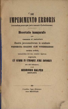 De impedimento erroris : secundum praecepta iuris canonici Catholicorum