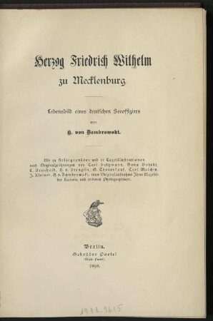 Herzog Friedrich Wilhelm zu Mecklenburg : Lebensbild eines deutschen Seeoffiziers
