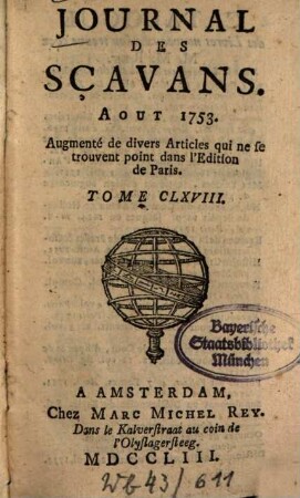 Journal des sçavans. 1753, [4]. Août - Sept. = T. 168