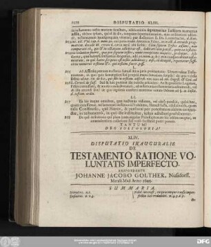 XLIV. Disputatio Inauguralis De Testamento Ratione Voluntatis Imperfecto. Respondente Iohanne Iacobo Golther, Nussdorff. Mense Maii Anno 1693.