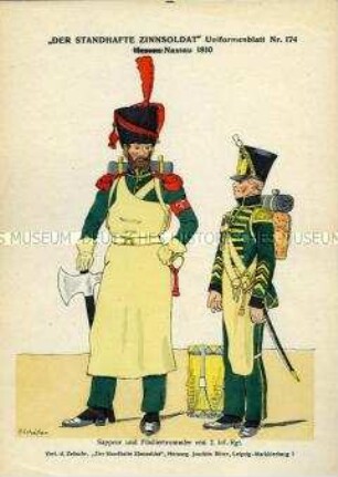 Uniformdarstellung, Sappeur und Tambour des 2. Infanterie-Regiments, Herzogtum Nassau, 1810.