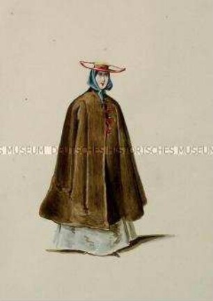 Frau mit braunem Umhang und Tellerhut - Tafel aus Franceschini/Kostümbilder (Kassette 1)
