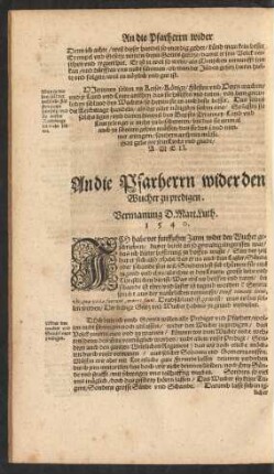 An die Pfarherrn wider den Wucher zu predigen.