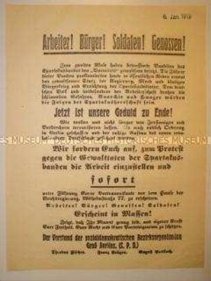 Aufruf der SPD zu einer Protestkundgebung gegen den Spartakus-Aufstand