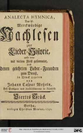 Band 1,4: Analecta Hymnica: Das ist: Merckwürdige Nachlesen zur Lieder-Historie