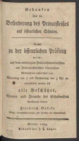 Gedanken über die Beförderung des Privatfleißes auf öffentlichen Schulen
