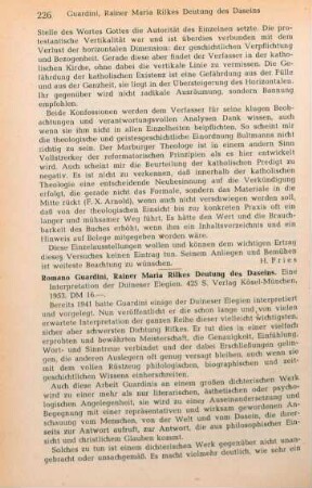 226-227 [Rezension] Guardini, Romano, Rainer Maria Rilkes Deutung des Daseins