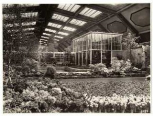 Ausstellungsgarten Deutsche Gartenbau-Ausstellung 1933, Berlin: Innenansicht Ausstellungshalle, Frühlingsgarten, im Hintergrund der Exotische Wassergarten