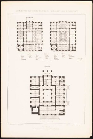 Rathaus: Grundriss EG, 1. OG, 2. OG (aus: Baukunst der Renaissance, Entwürfe von Studirenden unter Leitung von J. C. Raschdorff, II. Jahrgang, Berlin 1881)