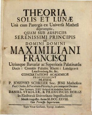 Theoria Solis Et Lunæ : Unà cum Parergis ex Universa Mathesi depromptis