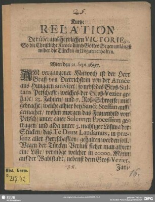 Kurtze Relation Der überaus-herrlichen Victorie, So die Christliche Armee durch Gottes Segen unlängst wider die Türcken in Ungarn erhalten