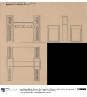 Giessen, Grossherzogliche Wohnung im Alten Schloss Wohnzimmer, Aufriss, Seitenansicht und Grundriss des Schreibtisches
