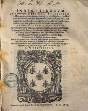 Index librorum iuris pontificii et civilis & ad utrunque omnium interpretum
