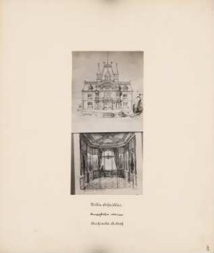 Villa Scheibler: Perspektivische Ansicht und perspektivische Innenansicht der Bibliothek